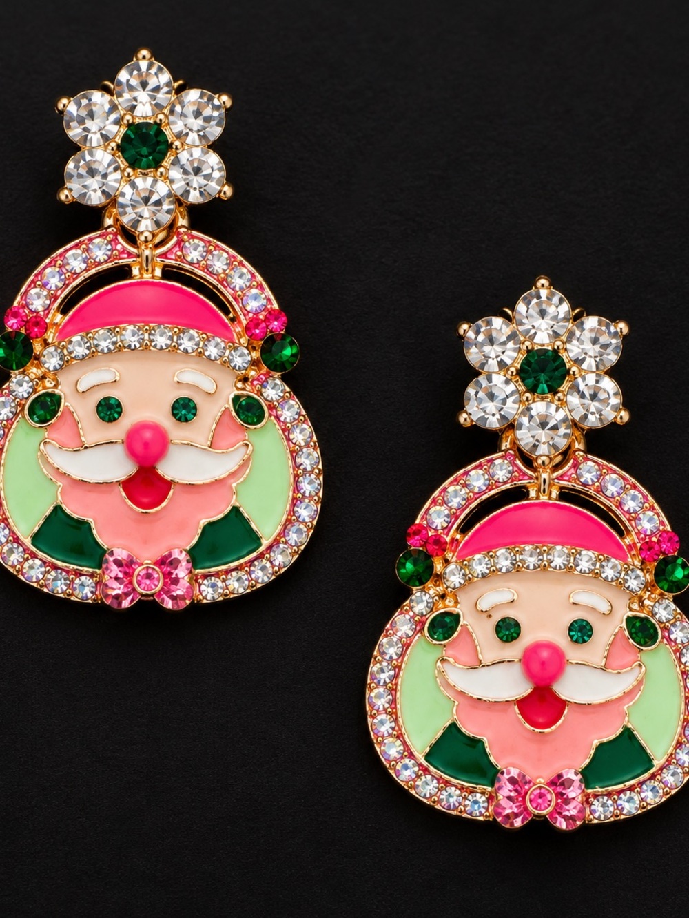 Sparkly Santa Claus Rhinestone Christmas Earrings – Pink & Green